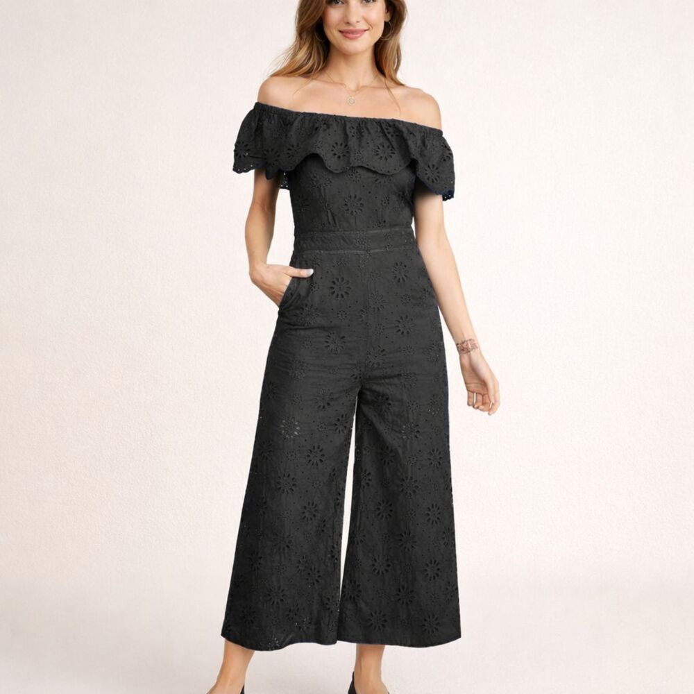 Main Strip Off The Shoulders Embroidered Cropped Jumpsuit in Black M NWT
